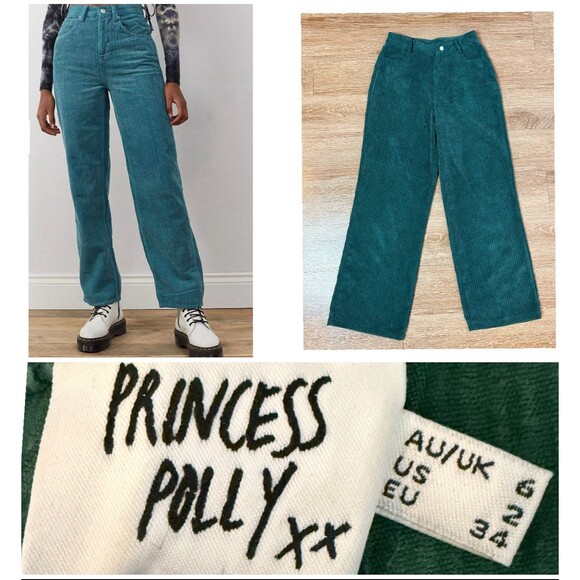 Princess Polly Corduroy Flared Pants women Size 2 green 80s wide leg Bottoms